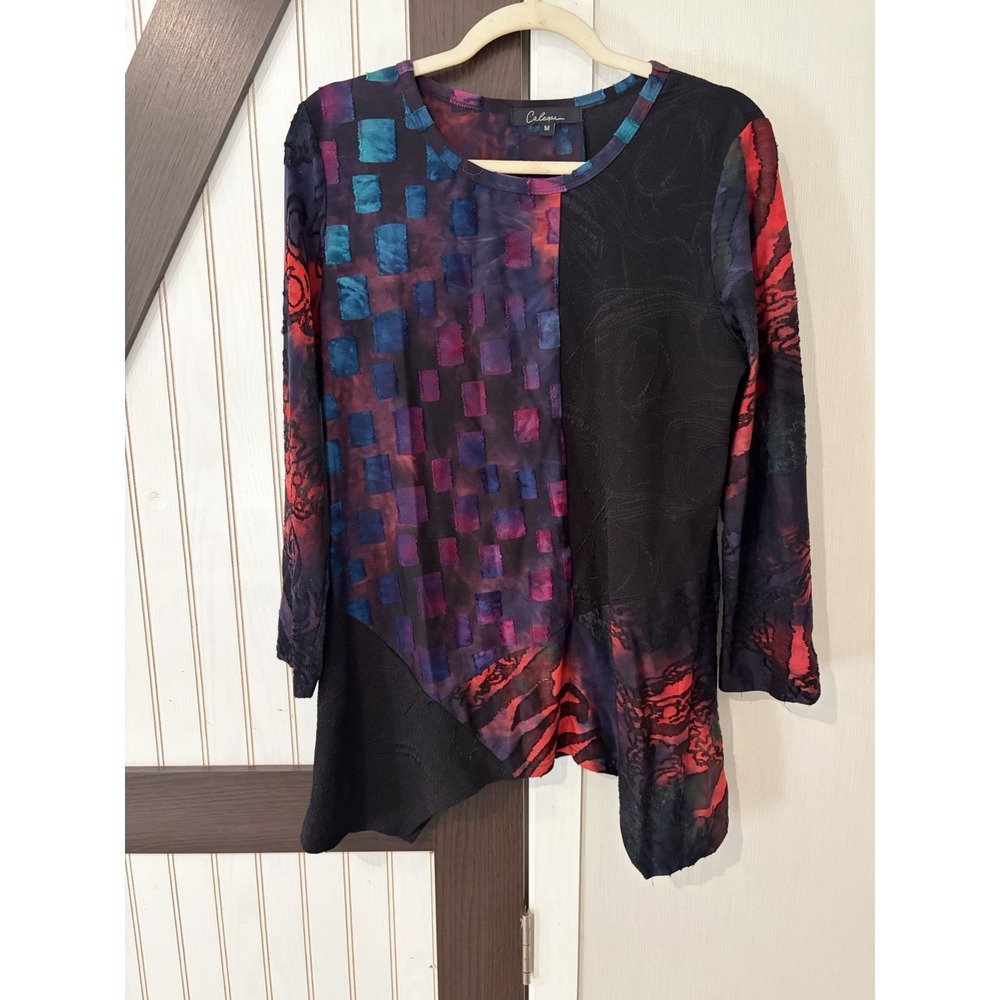 Calessa Womens Medium Geometric Abstract Tunic Top Sharkbite Hem Multicolor